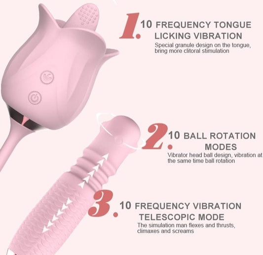 3-in-1 Blooming Sexy Pink Rose Toy Rotating Pearls Telescopic Tongue-licking Vibrator