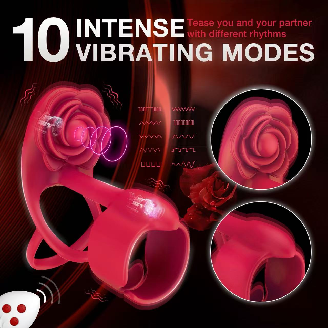 Remote Control Rose Dual Motor Vibrating Cock Ring – 10 Modes, Purple / Red / Black