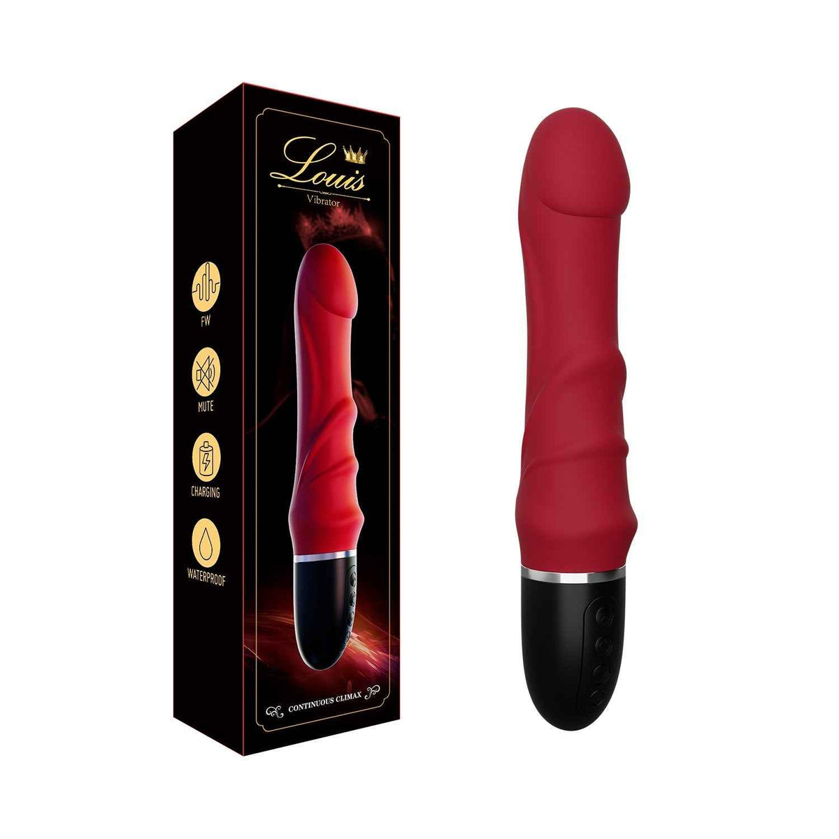 wine red realistic dildo beside its black and gold retail box