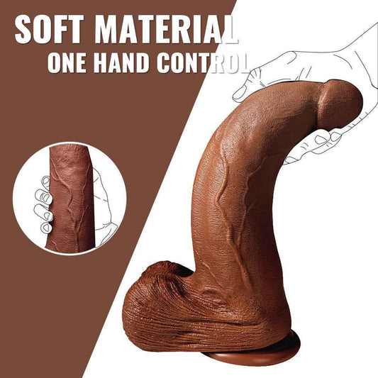 brown realistic dildo detail view of ridged glans veined shaft and wrinkled balls