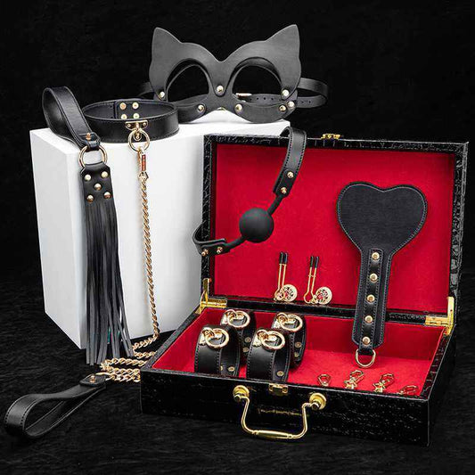 8-Piece BDSM Bondage Set – Leather & Silicone, Handcuffs, Collar, Whip, Nipple Clips