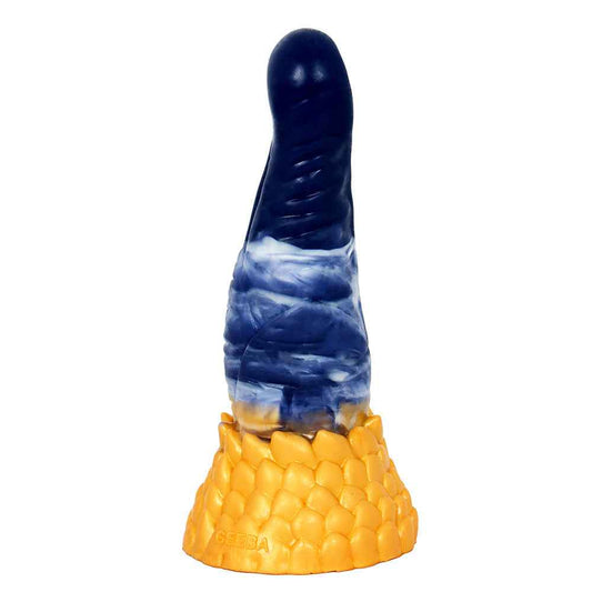 tentacle fantasy dildo held in hand showing 9.5cm gold flared base