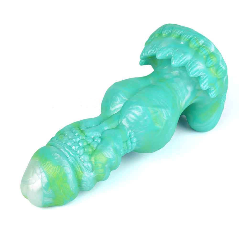 cyan dragon dildo lying down showing full sculpted shaft