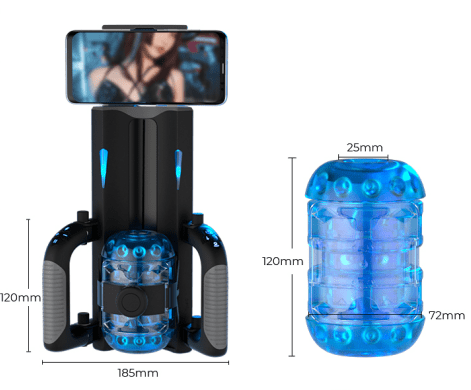 telescopic masturbator dimensions showing 185mm dual handle base and 120x72mm detachable sleeve with 25mm entry