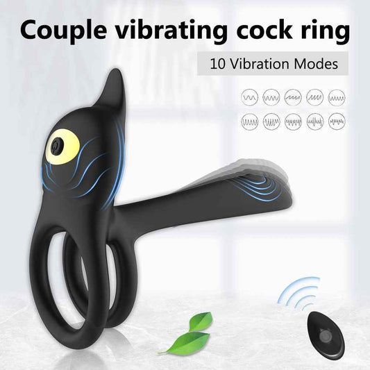 vibrating cock ring showing ribbed clitoral tip and textured perineum arm