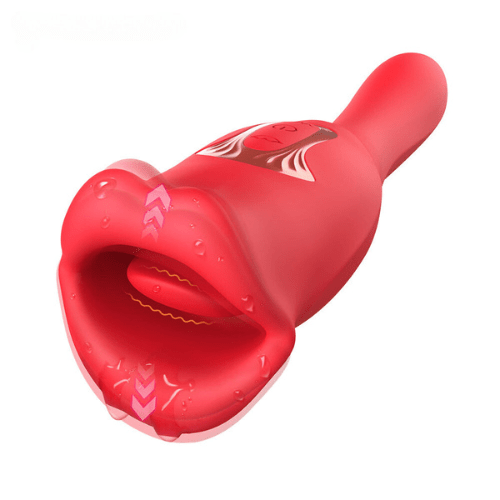 red rose tongue licking vibrator with soft opening lips, vibrating tongue tip, and sleek handle