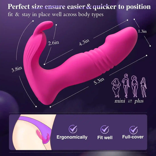 wearable rabbit vibrator sizing diagram showing 4.3 inch insertable shaft and snug panty fit across all body types