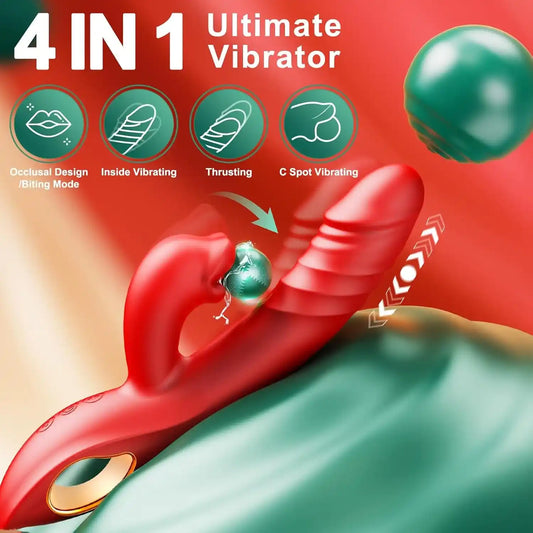4-in-1 functions infographic showing occlusal biting mode, inside vibrating, thrusting, and c-spot stimulation