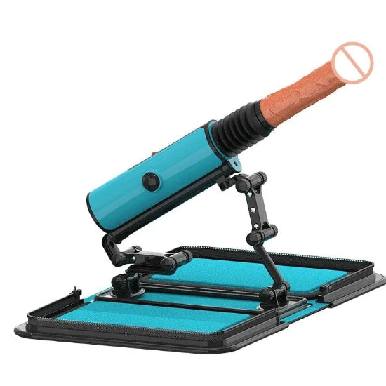 blue leather bag sex machine with 90 to 180 strokes per minute motorized thrusting arm