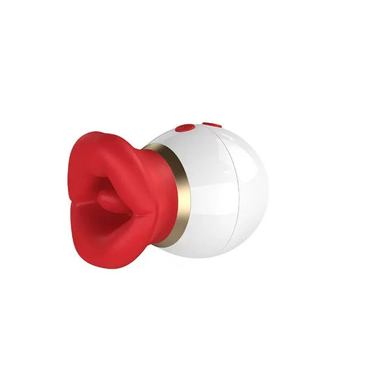 big mouth clitoral sucking vibrator with red silicone lips and white handle