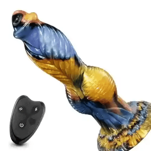 motorized fantasy dildo demonstrating automated 2.5cm telescopic thrusting and vibrating motion