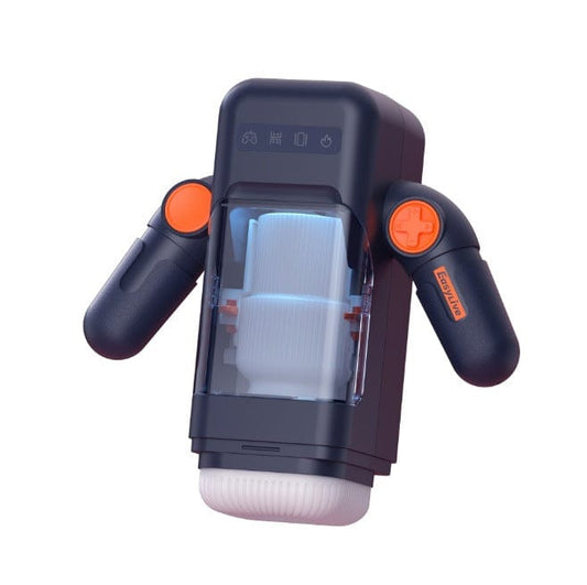 blue and orange gamepad male masturbator with white textured sleeve and clear viewing window