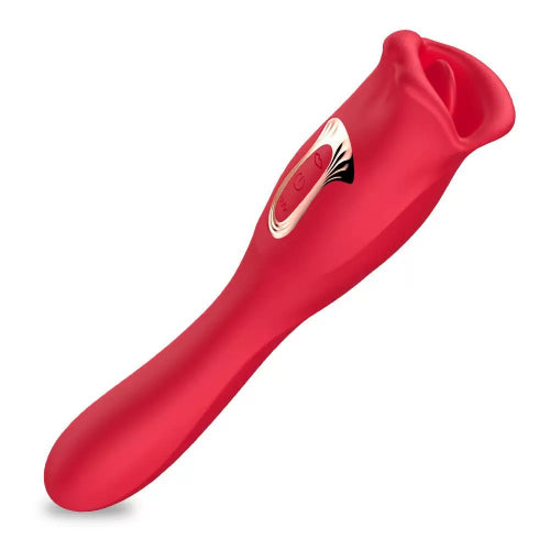 dual ended rose vibrator showing insertable g-spot probe shaft and realistic tongue mouth head