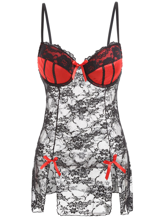Sexy Lace Lingerie Nightdress – open back see-through gathered sling dress for women
