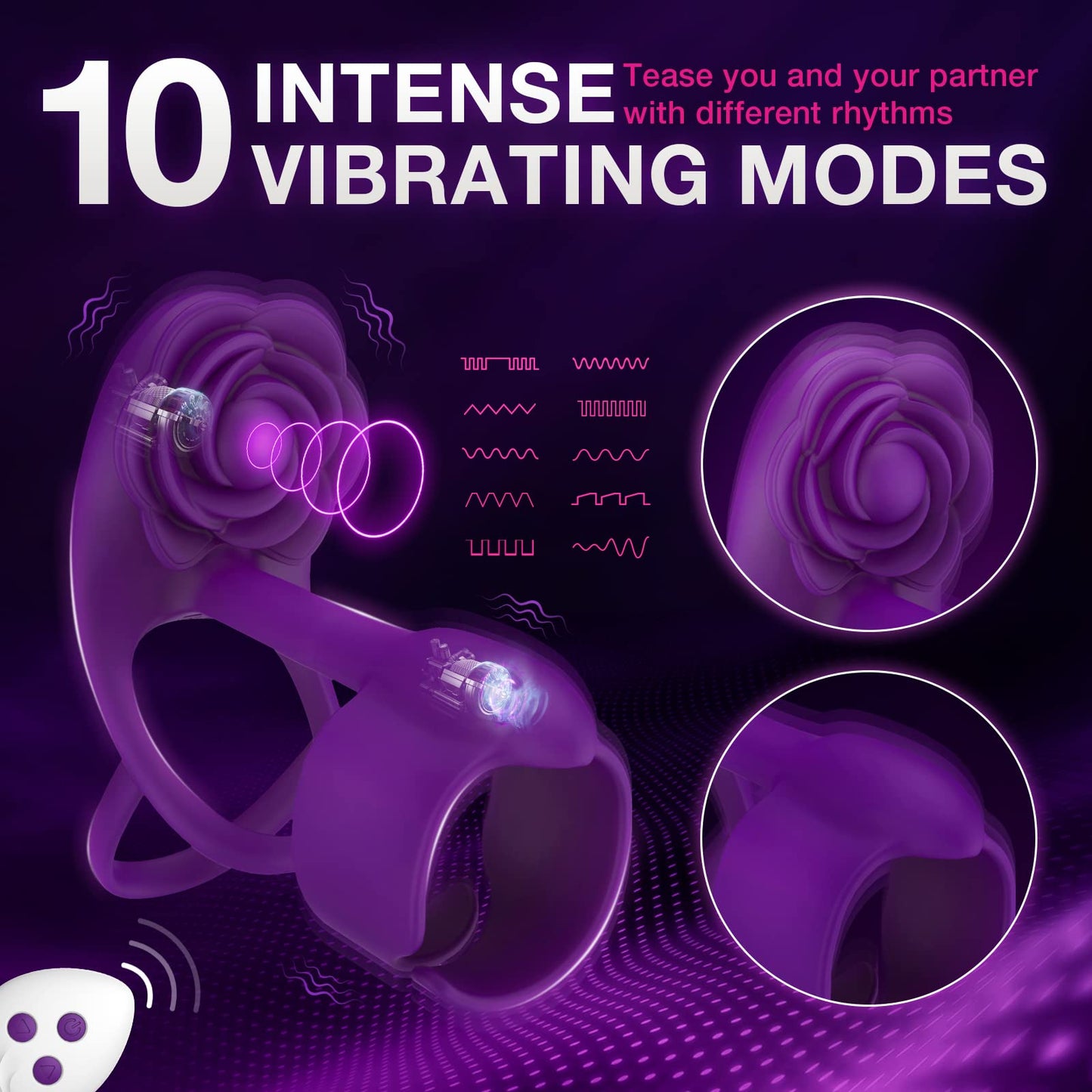 Remote Control Rose Dual Motor Vibrating Cock Ring – 10 Modes, Purple / Red / Black
