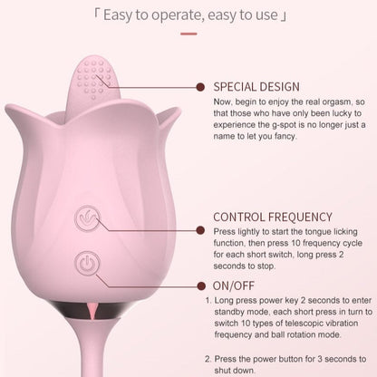 3-in-1 Blooming Sexy Pink Rose Toy Rotating Pearls Telescopic Tongue-licking Vibrator