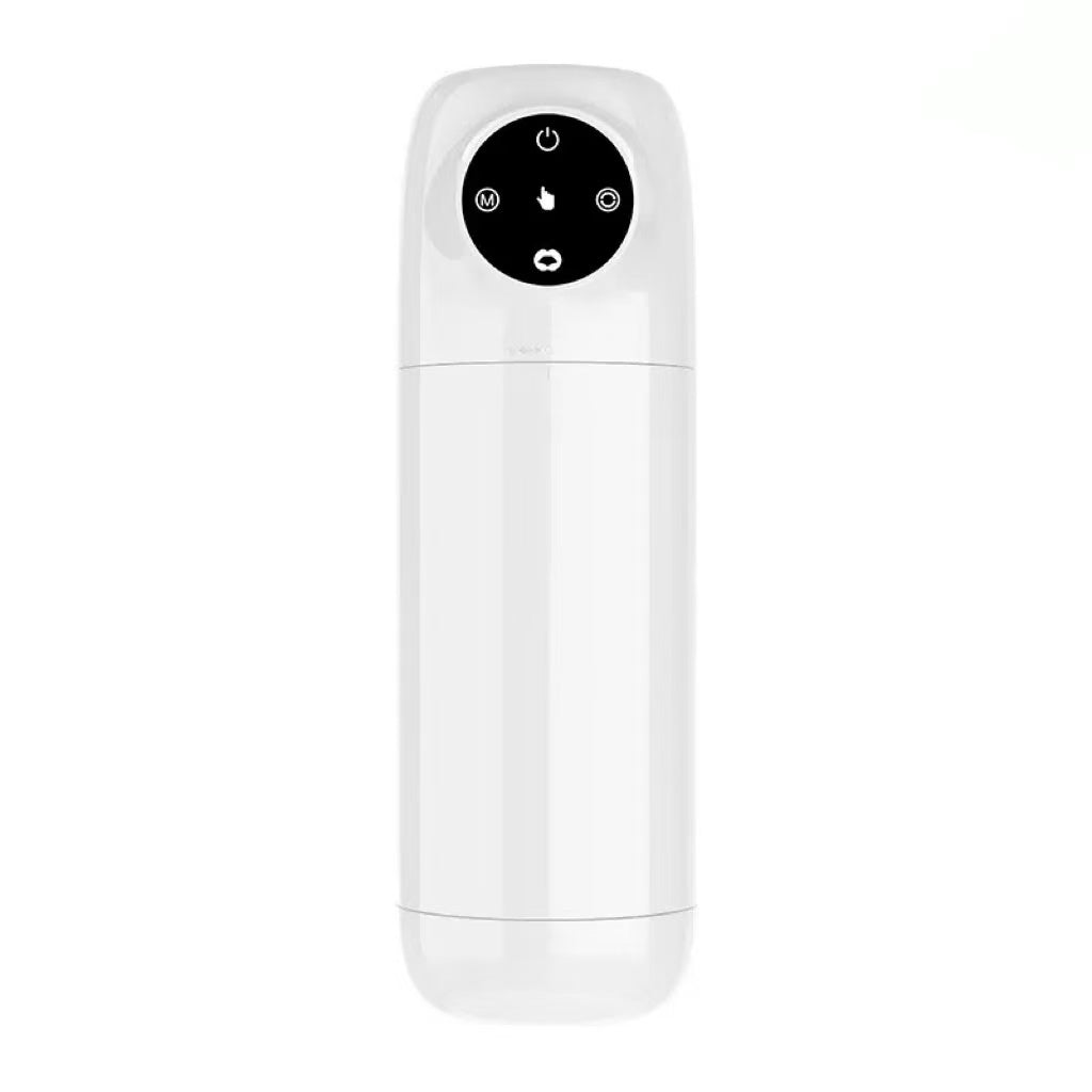 white telescopic male masturbator with thrust suction vibration and voice modes