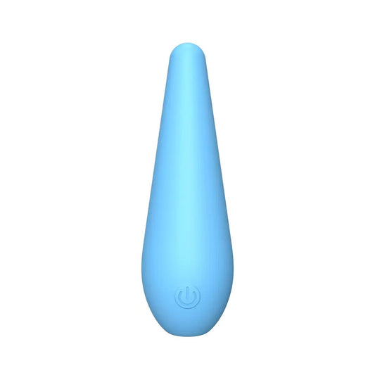 light blue teardrop mini clitoral vibrator with power button