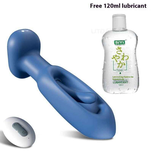  blue anal vibrator with its oval wireless remote and 120ml lubricant bottle
