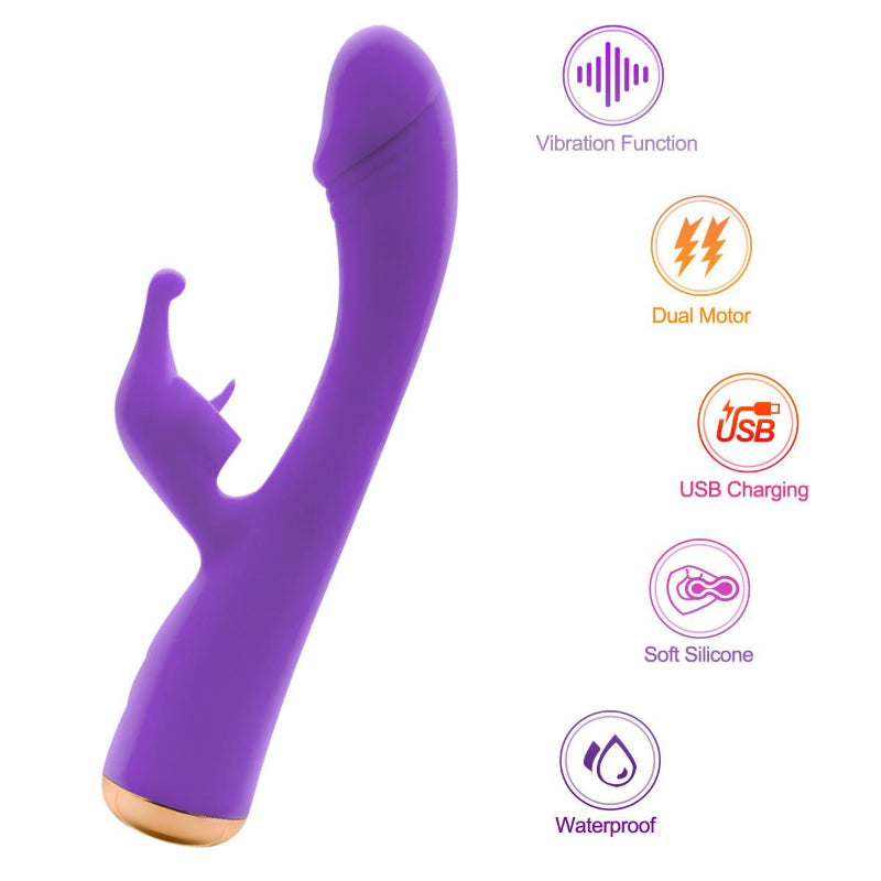 dual stimulation rabbit vibrator feature overview highlighting dual motors, usb charging, and waterproof body
