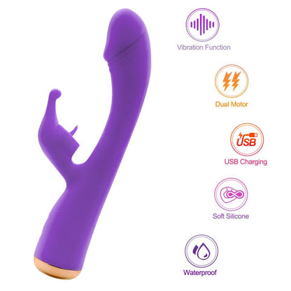 dual stimulation rabbit vibrator feature overview highlighting dual motors, usb charging, and waterproof body