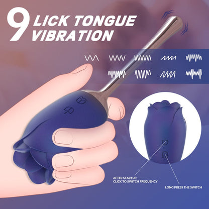 Silicone Rose Tongue Licking Massager – 9 Vibration Modes, IPX7 Waterproof