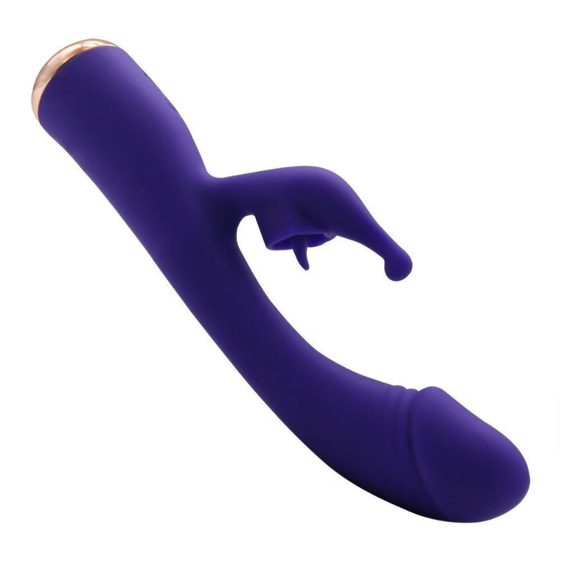 purple dual-motor rabbit vibrator showing realistic glans head and clitoral rabbit arm on white background