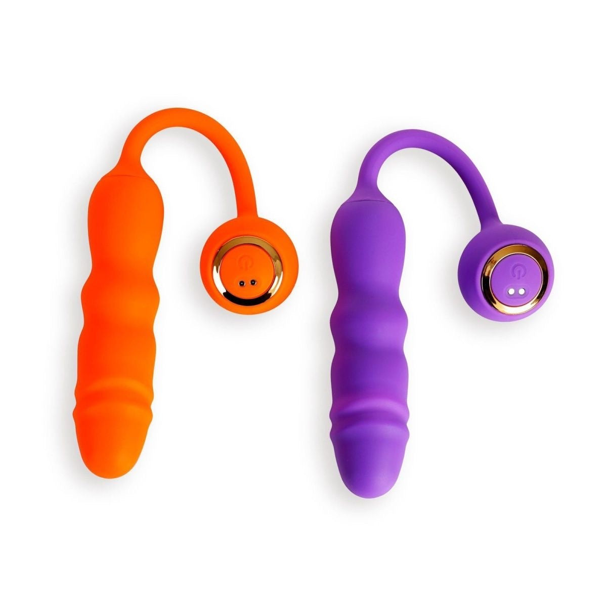 orange and purple wearable g spot vibrators side by side with their tail control pods