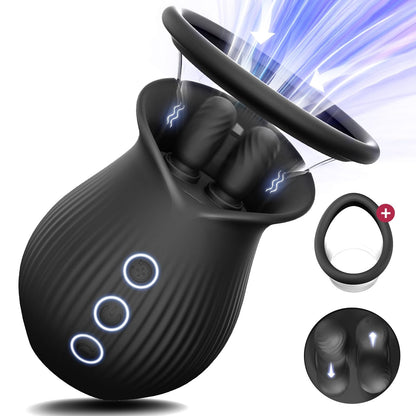 Rose Romeo - 3in1 Rose Sex Toy with 2 Suction Cups, Adult Toys Female Clitoral Nipple Vibrators with 10 Licking Sucking Vibrating