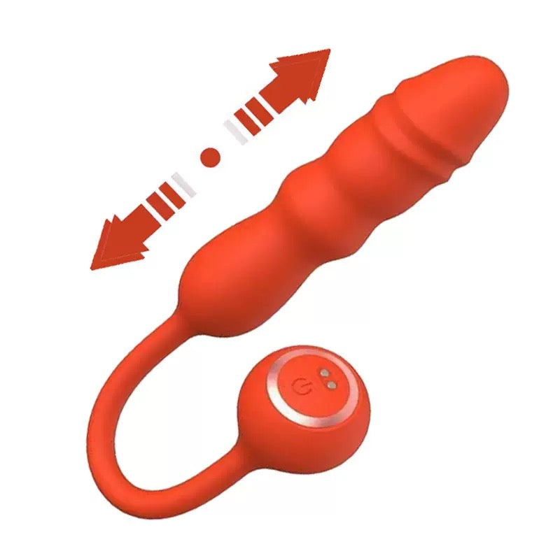 orange thrusting g spot vibrator with arrows showing the up and down telescopic motion
