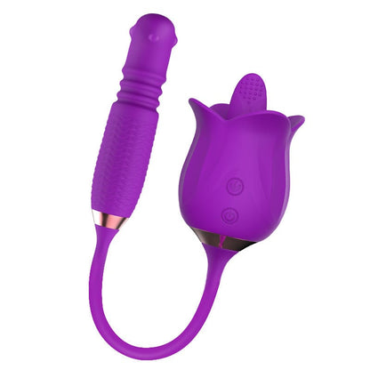 3-in-1 Blooming Sexy Pink Rose Toy Rotating Pearls Telescopic Tongue-licking Vibrator