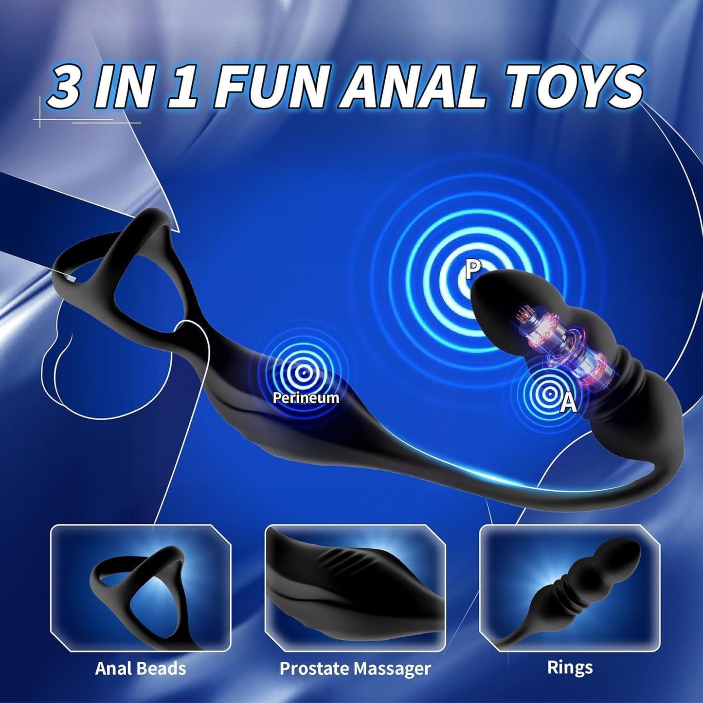 Black Multi-Function Anal Beads Prostate Massager – Vibrating Cock Ring, USB