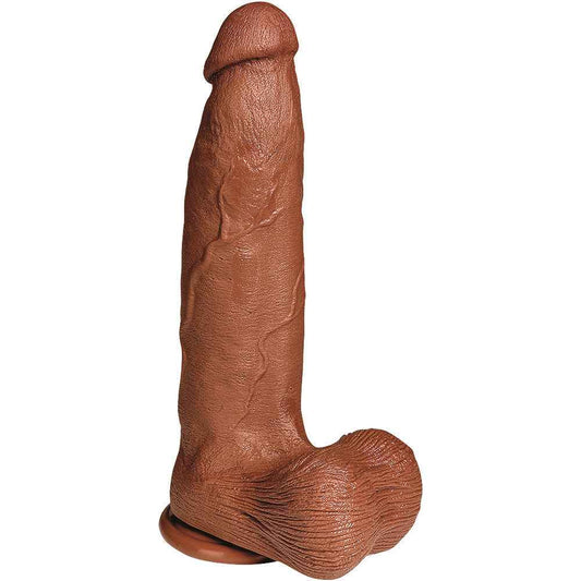  brown realistic dildo detail view of ridged glans veined shaft and wrinkled balls