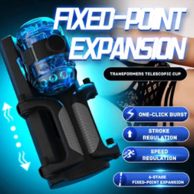 transformers styled telescopic masturbation cup with stroke regulation, speed settings, and transparent blue chamber