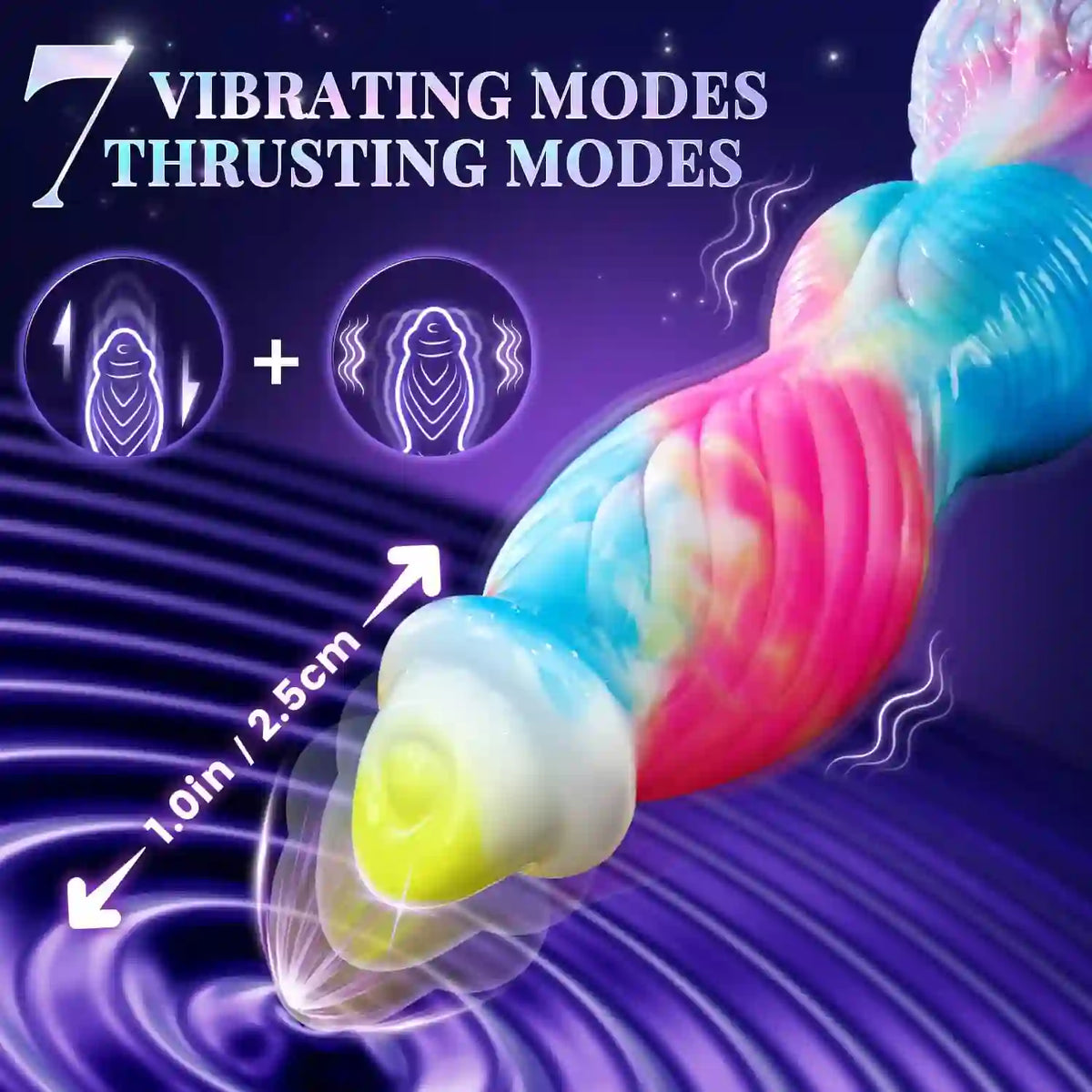 sculpted fantasy dildo texture details showing tapered monster head, flexible silicone, spiral ridges, and textured bulb