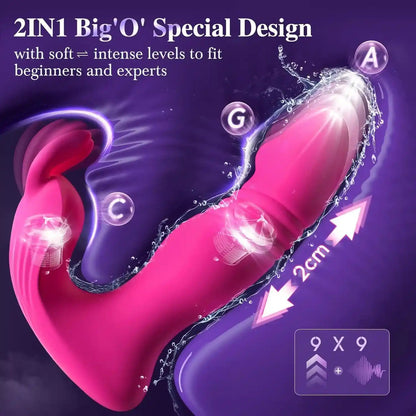 dual stimulation g-spot and clitoral vibrator diagram with 2cm automated thrusting stroke and 9x9 vibration modes