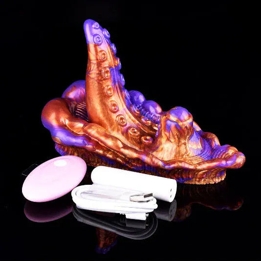 octopus tentacle silicone grinder base with vibrating bullet and remote control on black reflective surface