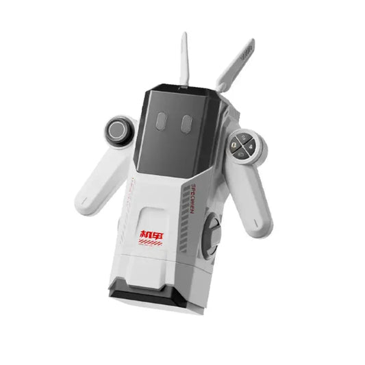 white mecha robot male masturbator stroker with red decals and dual controller grip handles