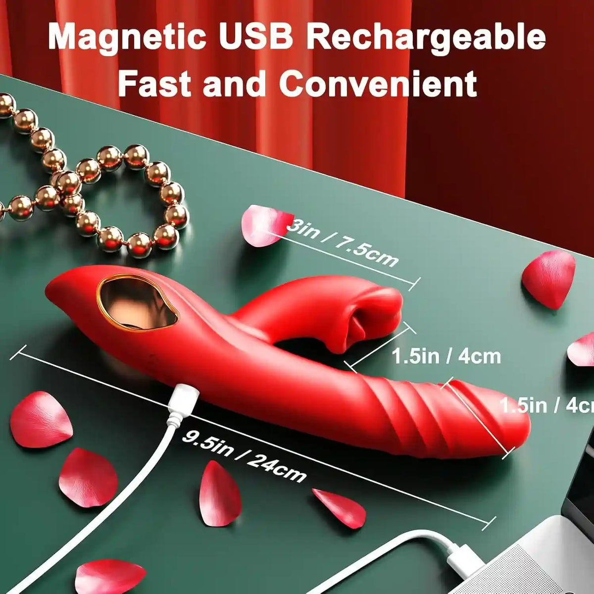 magnetic usb rechargeable vibrator dimensions showing 9.5 inch total length and 1.5 inch shaft width