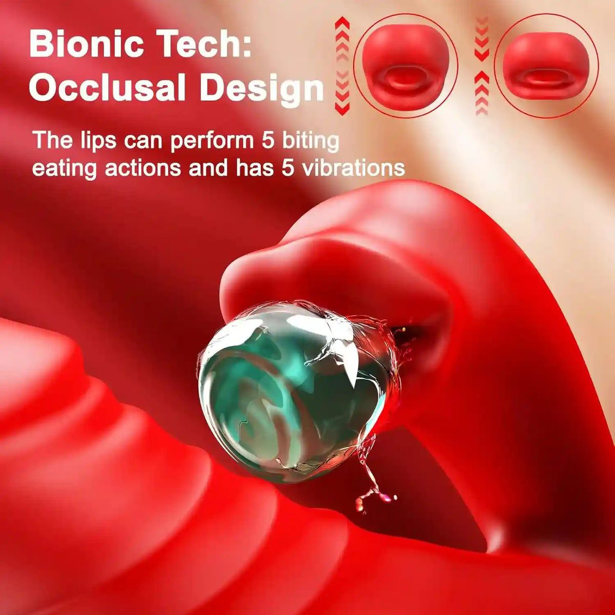 bionic tech occlusal design showing realistic lips with 5 biting actions and 5 clitoral vibration modes