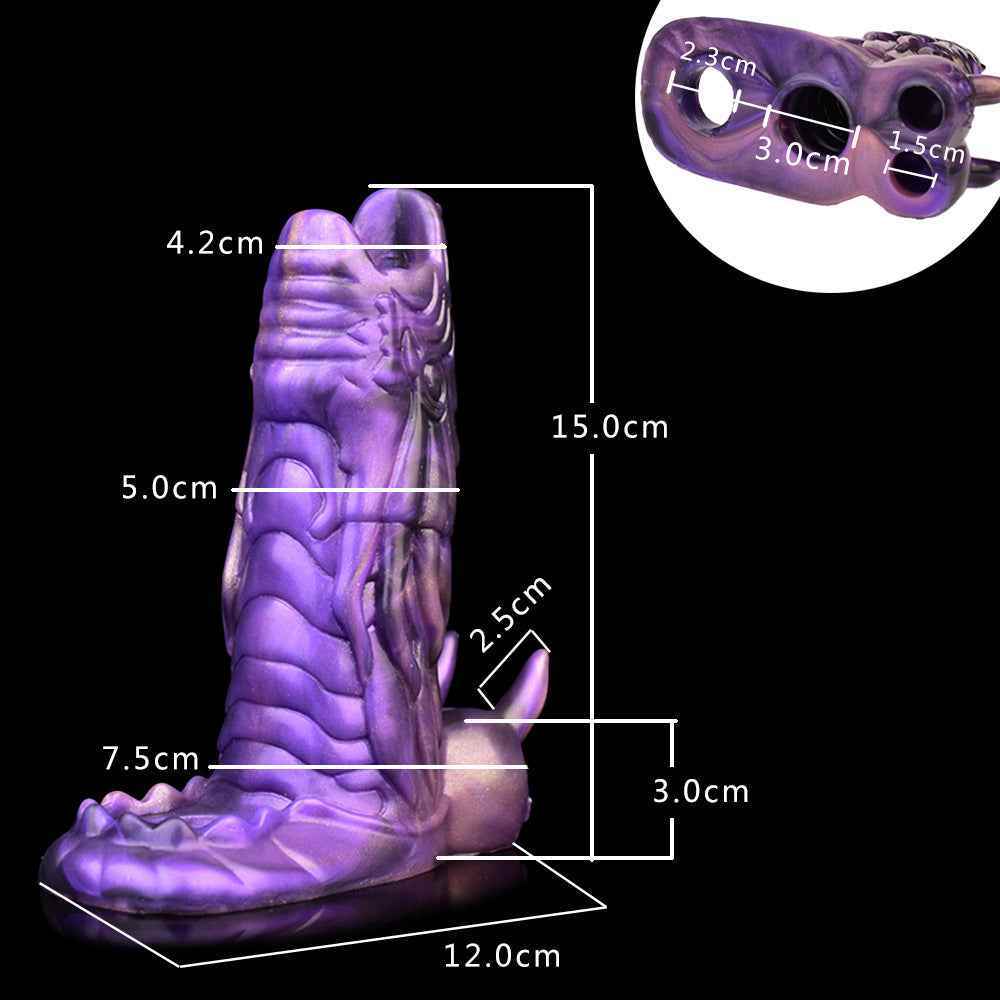 size chart for the purple dragon penis sleeve showing 15cm height and 5cm width