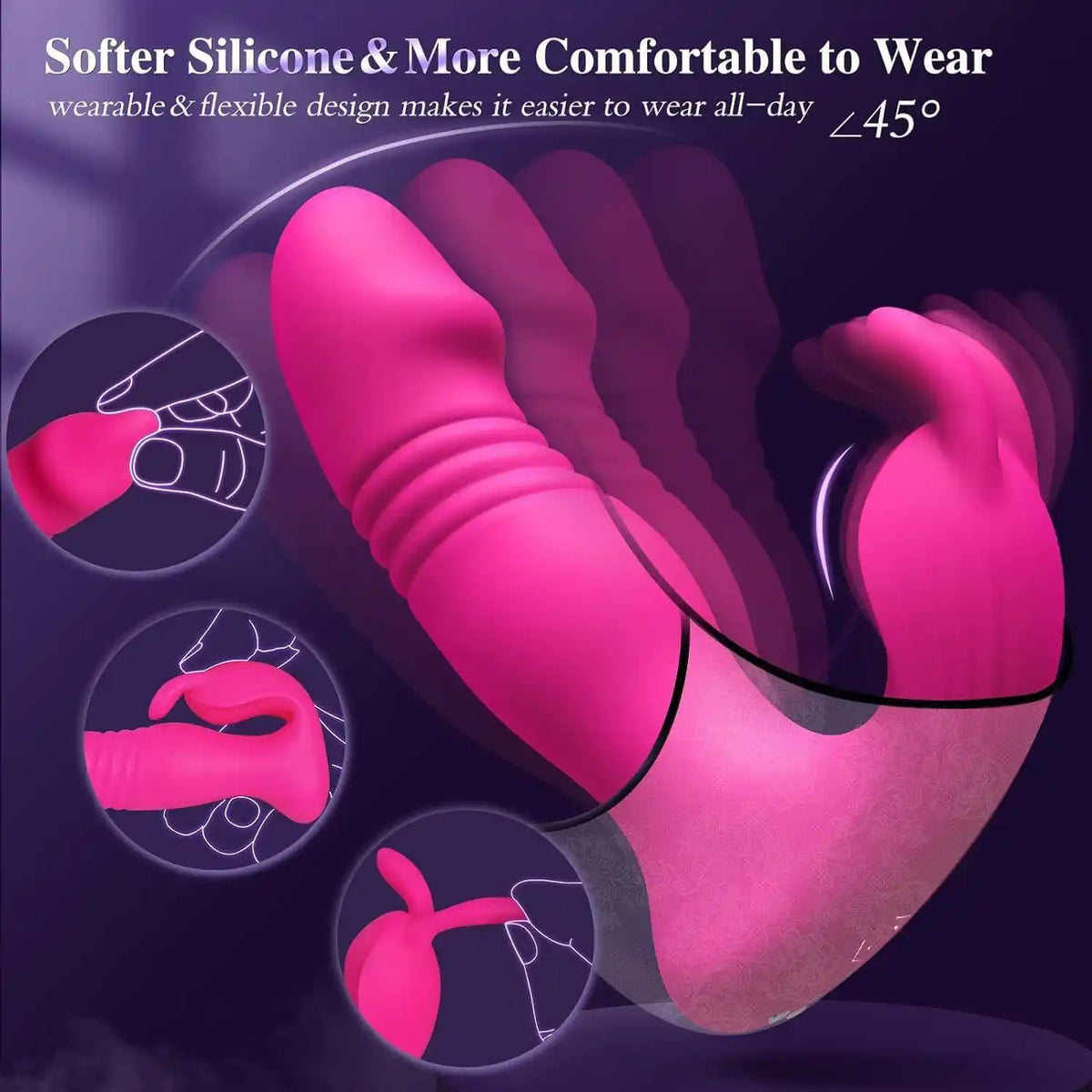 flexible liquid silicone rabbit vibrator bending at 45 degrees for comfortable slip-free all-day wear
