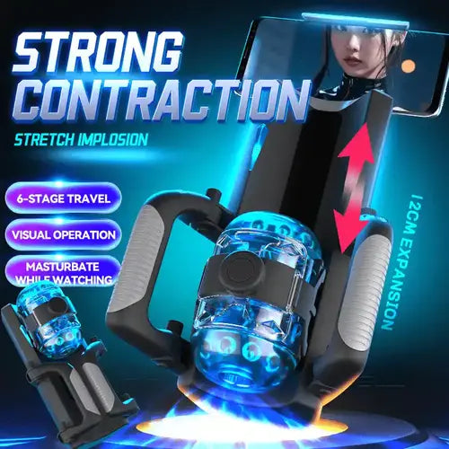 automatic male stroker highlighting 12cm motorized expansion stroke and 6-stage travel distance along vertical rail
