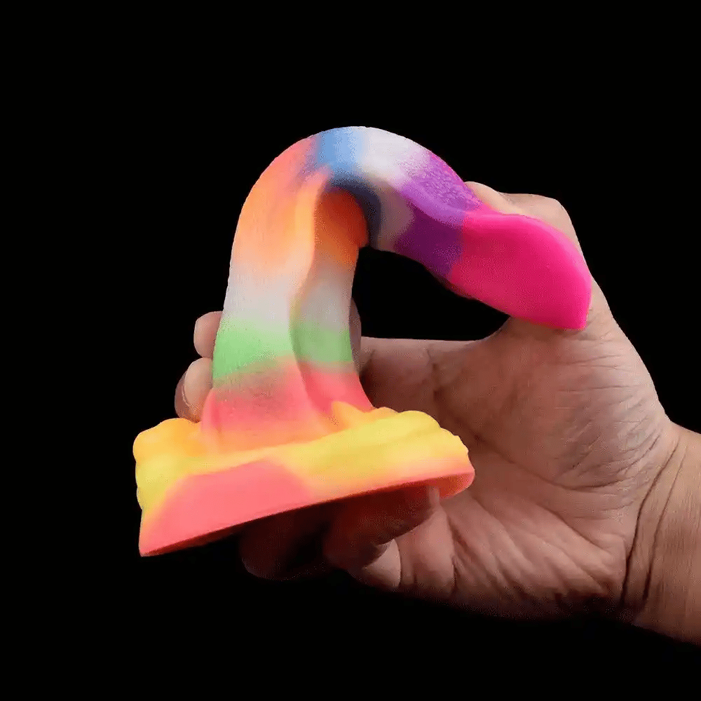  close view of the ridged rainbow silicone alien fantasy dildo