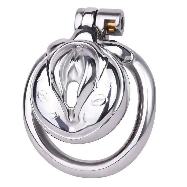 mirror polished stainless steel sissy chastity lock with sculpted floral plate and base ring