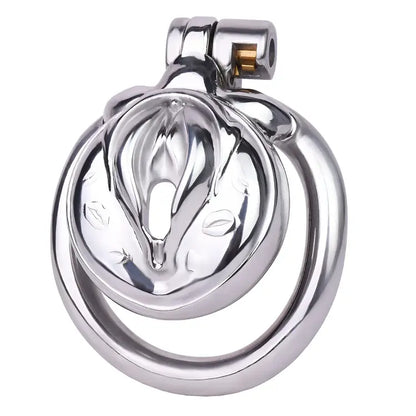 mirror polished stainless steel sissy chastity lock with sculpted floral plate and base ring