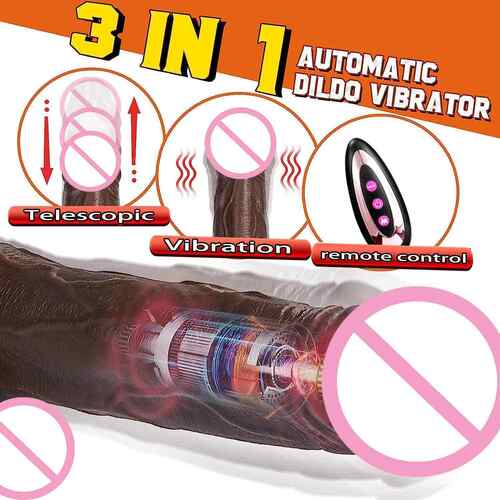 3 in 1 automatic dildo vibrator infographic detailing motorized telescopic action, vibration, and remote