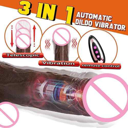 3 in 1 automatic dildo vibrator infographic detailing motorized telescopic action, vibration, and remote