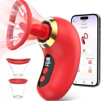 red tongue licking and air suction vibrator with digital led screen, smartphone app, and dual interchangeable silicone cups
