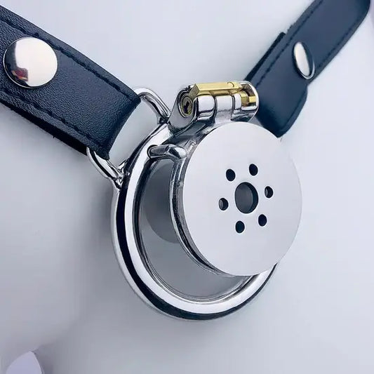 mens stainless steel chastity cage model 149 single disc with waist belt